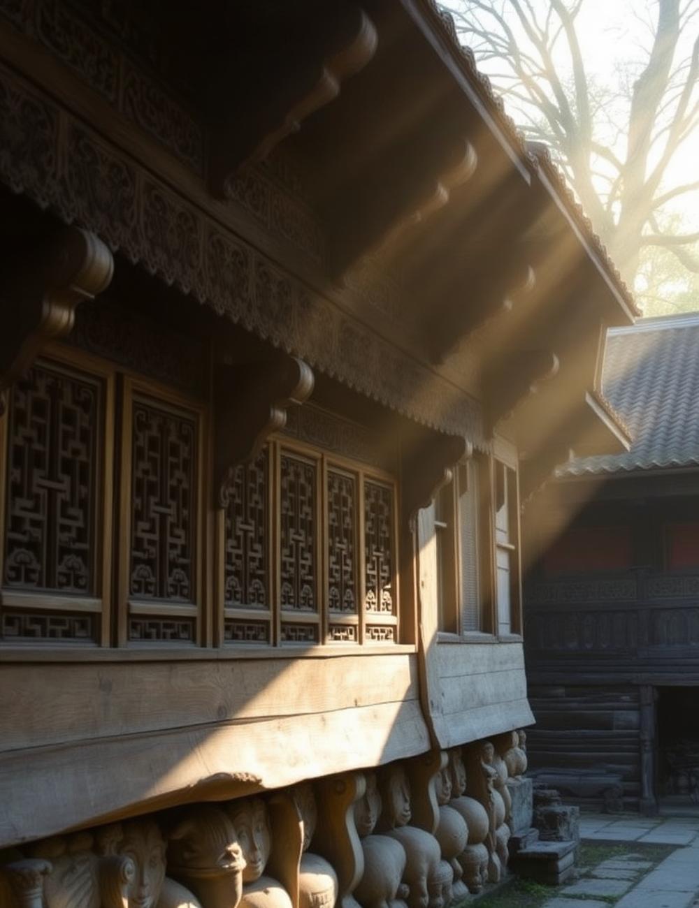 Carved wooden village house