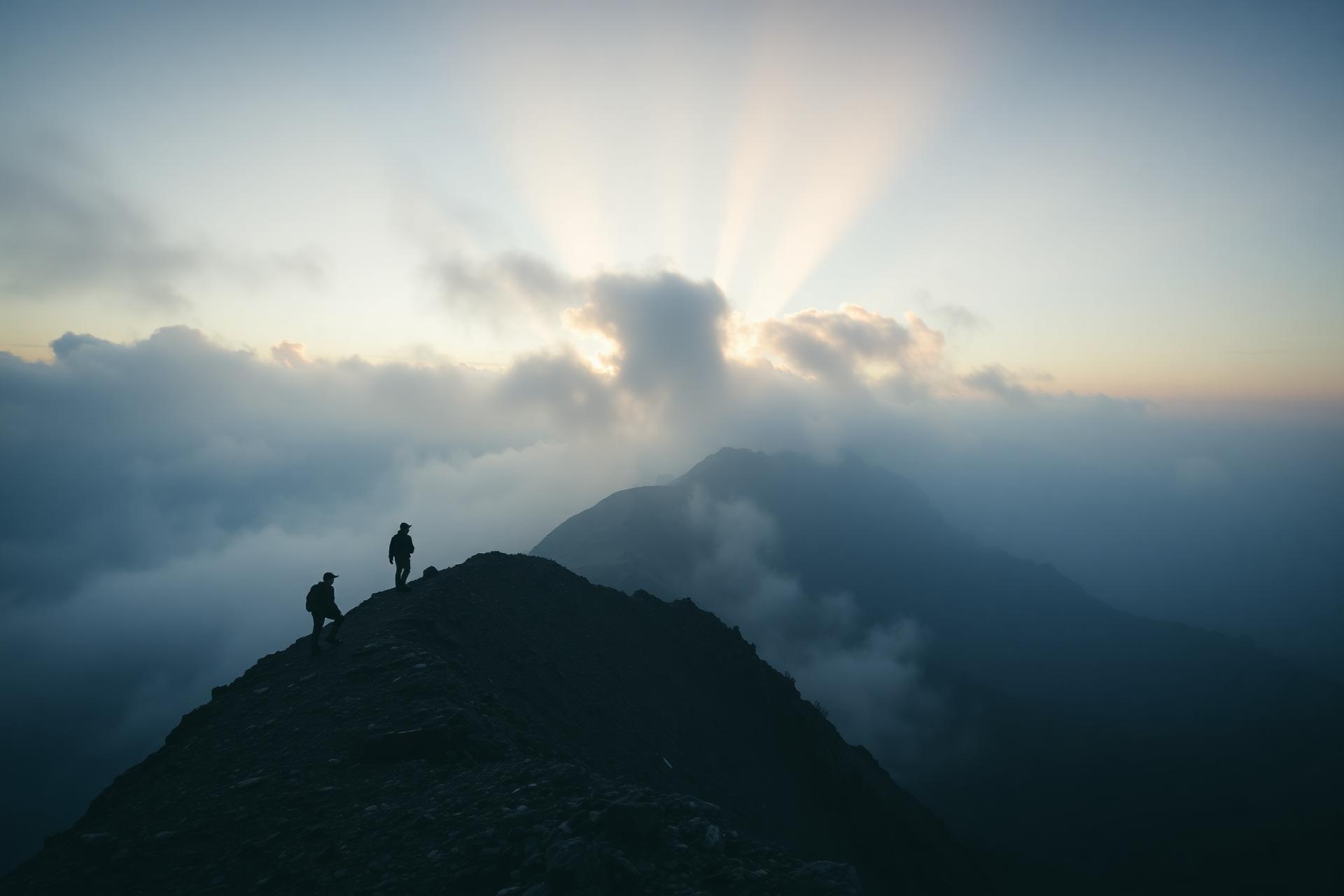 Travellers standing on a Himalayan ridge at dawn