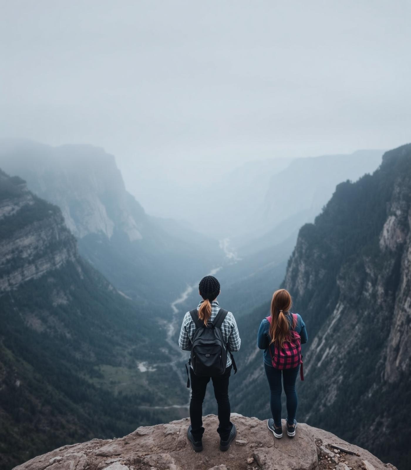 Two travellers looking over a misty valley